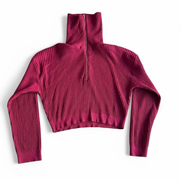 Cotton On Magenta Zip Up Cropped Ribbed Sweater - Picture 8 of 8